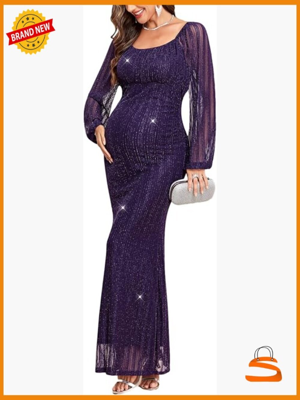 Sparkly Mesh Maternity Dress Long Sleeve Square Neck Maxi